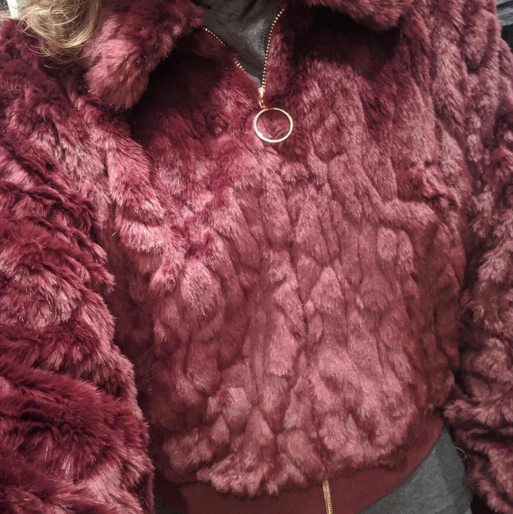 Express wine faux fur coat